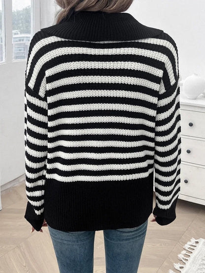 Sweaters- Cozy Stripe Knit Women's Peter Pan Collar Sweater- - Chuzko Women Clothing