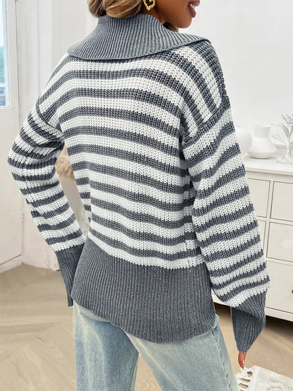 Sweaters- Cozy Stripe Knit Women's Peter Pan Collar Sweater- - Chuzko Women Clothing