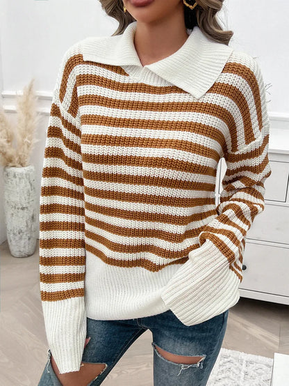 Sweaters- Cozy Stripe Knit Women's Peter Pan Collar Sweater- - Chuzko Women Clothing