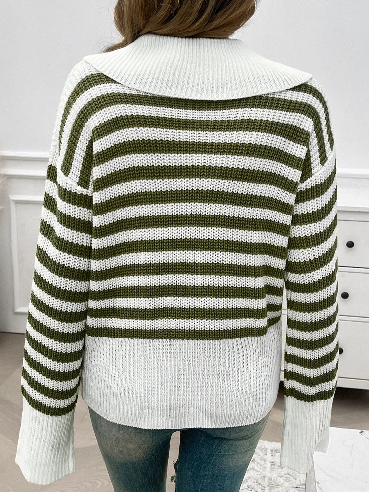 Sweaters- Cozy Stripe Knit Women's Peter Pan Collar Sweater- - Chuzko Women Clothing