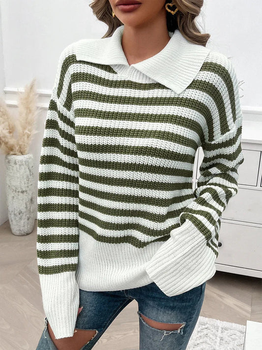 Sweaters- Cozy Stripe Knit Women's Peter Pan Collar Sweater- - Chuzko Women Clothing