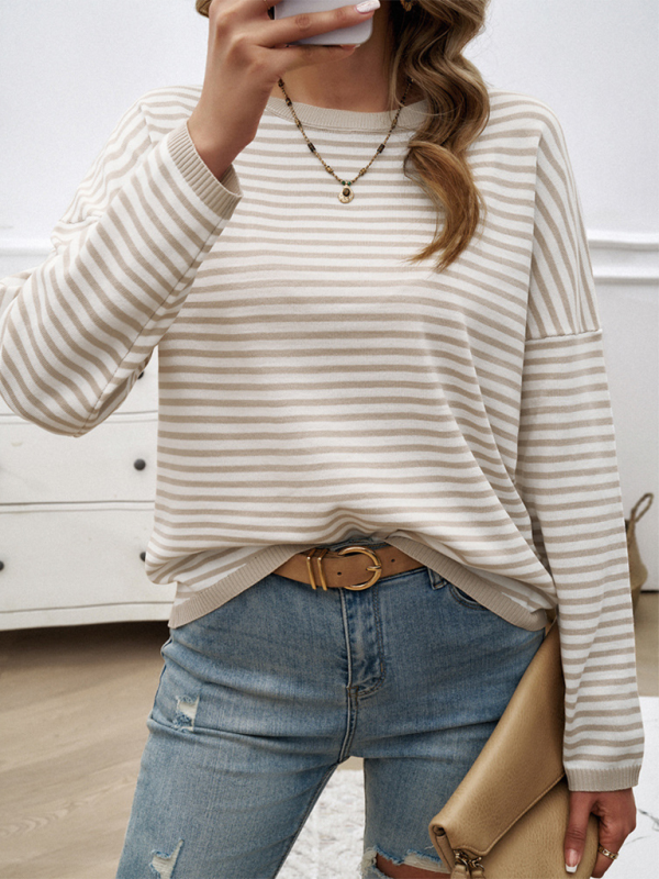 Sweaters- Cozy Stripe Women's Drop-Shoulder Sweater Pullover- - Chuzko Women Clothing