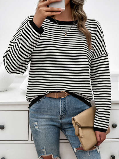 Sweaters- Cozy Stripe Women's Drop-Shoulder Sweater Pullover- - Chuzko Women Clothing