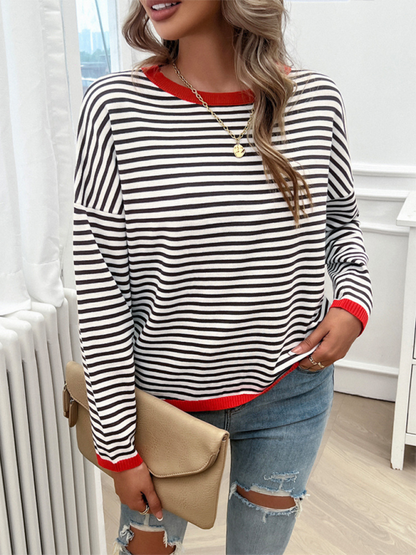 Sweaters- Cozy Stripe Women's Drop-Shoulder Sweater Pullover- - Chuzko Women Clothing