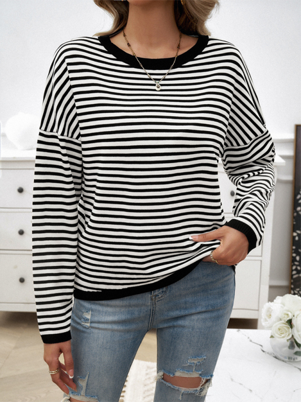 Sweaters- Cozy Stripe Women's Drop-Shoulder Sweater Pullover- - Chuzko Women Clothing