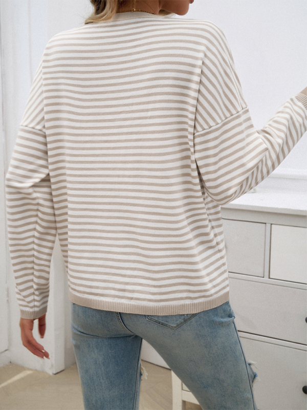 Sweaters- Cozy Stripe Women's Drop-Shoulder Sweater Pullover- - Chuzko Women Clothing