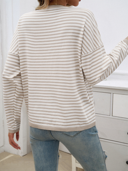 Sweaters- Cozy Stripe Women's Drop-Shoulder Sweater Pullover- - Chuzko Women Clothing