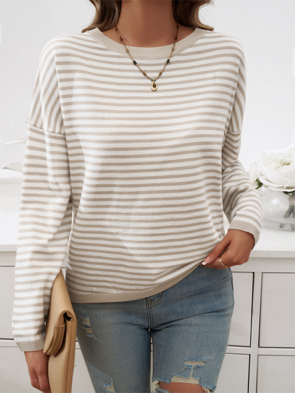 Sweaters- Cozy Stripe Women's Drop-Shoulder Sweater Pullover- - Chuzko Women Clothing