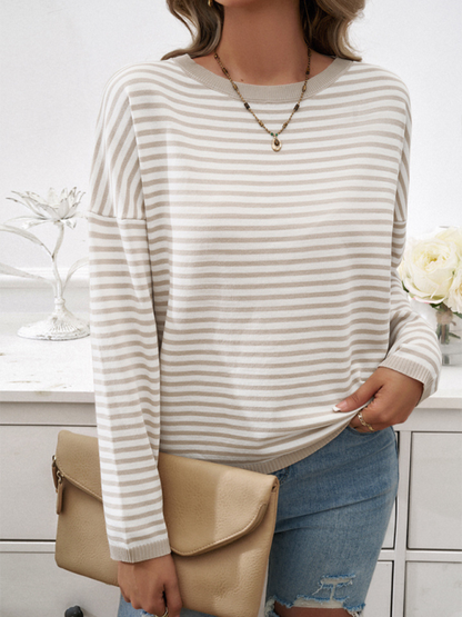 Sweaters- Cozy Stripe Women's Drop-Shoulder Sweater Pullover- - Chuzko Women Clothing