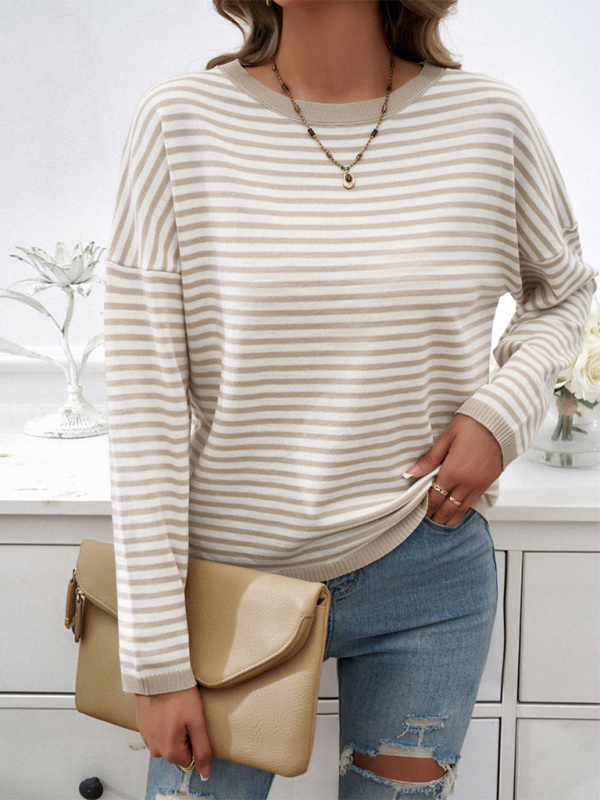 Sweaters- Cozy Stripe Women's Drop-Shoulder Sweater Pullover- - Chuzko Women Clothing