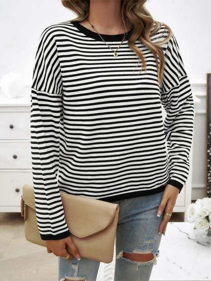 Sweaters- Cozy Stripe Women's Drop-Shoulder Sweater Pullover- - Chuzko Women Clothing