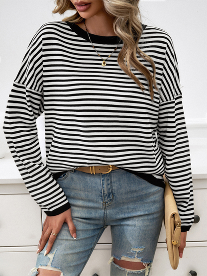 Sweaters- Cozy Stripe Women's Drop-Shoulder Sweater Pullover- - Chuzko Women Clothing