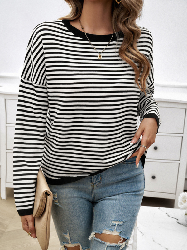 Sweaters- Cozy Stripe Women's Drop-Shoulder Sweater Pullover- - Chuzko Women Clothing