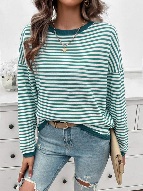 Sweaters- Cozy Stripe Women's Drop-Shoulder Sweater Pullover- - Chuzko Women Clothing