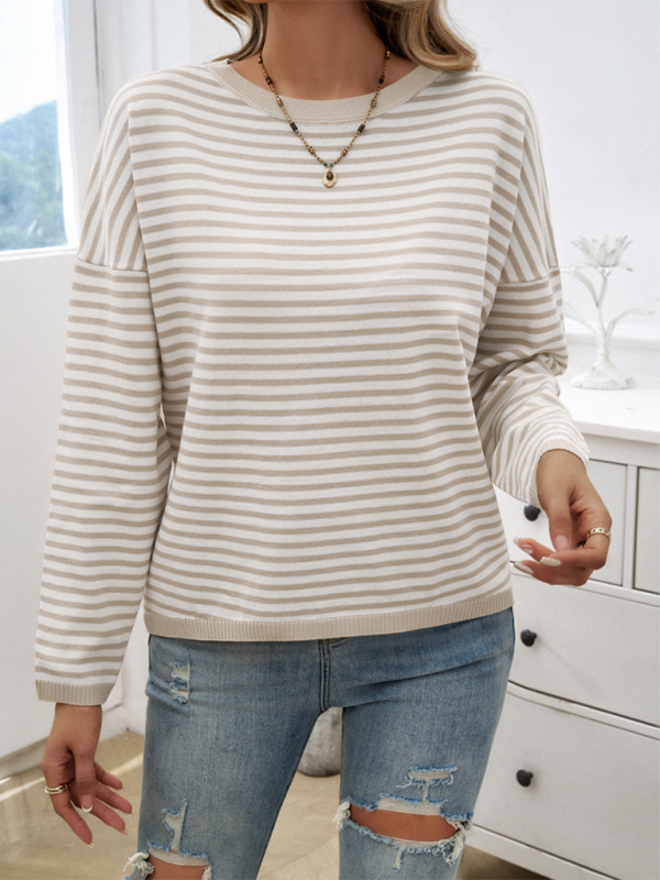 Sweaters- Cozy Stripe Women's Drop-Shoulder Sweater Pullover- Cracker khaki- Chuzko Women Clothing