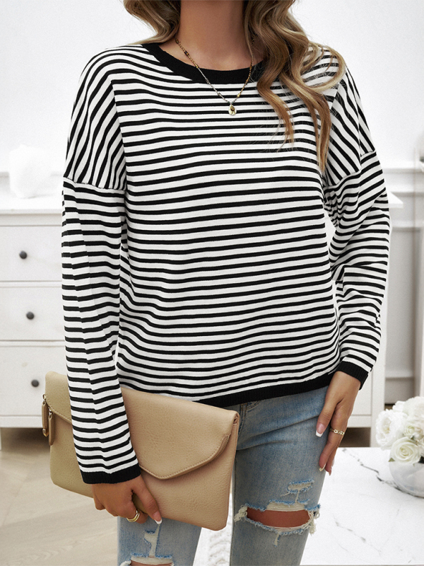 Sweaters- Cozy Stripe Women's Drop-Shoulder Sweater Pullover- Black- Chuzko Women Clothing