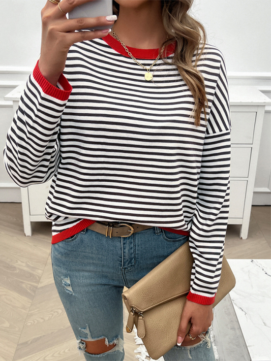 Sweaters- Cozy Stripe Women's Drop-Shoulder Sweater Pullover- Red- Chuzko Women Clothing