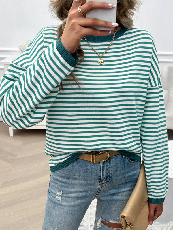 Sweaters- Cozy Stripe Women's Drop-Shoulder Sweater Pullover- Green- Chuzko Women Clothing