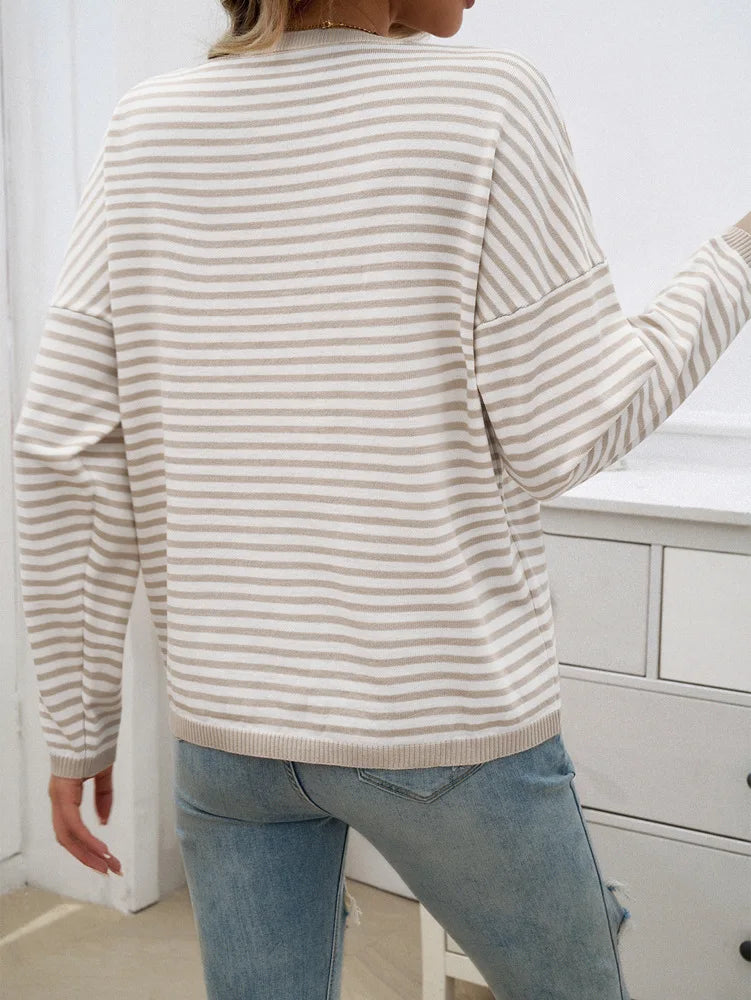 Sweaters- Cozy Striped Knit Women's Loose Drop Shoulder Sweater- - Pekosa Women Fashion