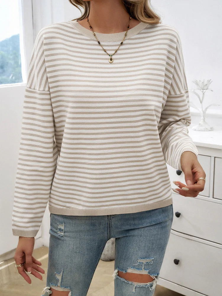 Sweaters- Cozy Striped Knit Women's Loose Drop Shoulder Sweater- Apricot- Pekosa Women Fashion