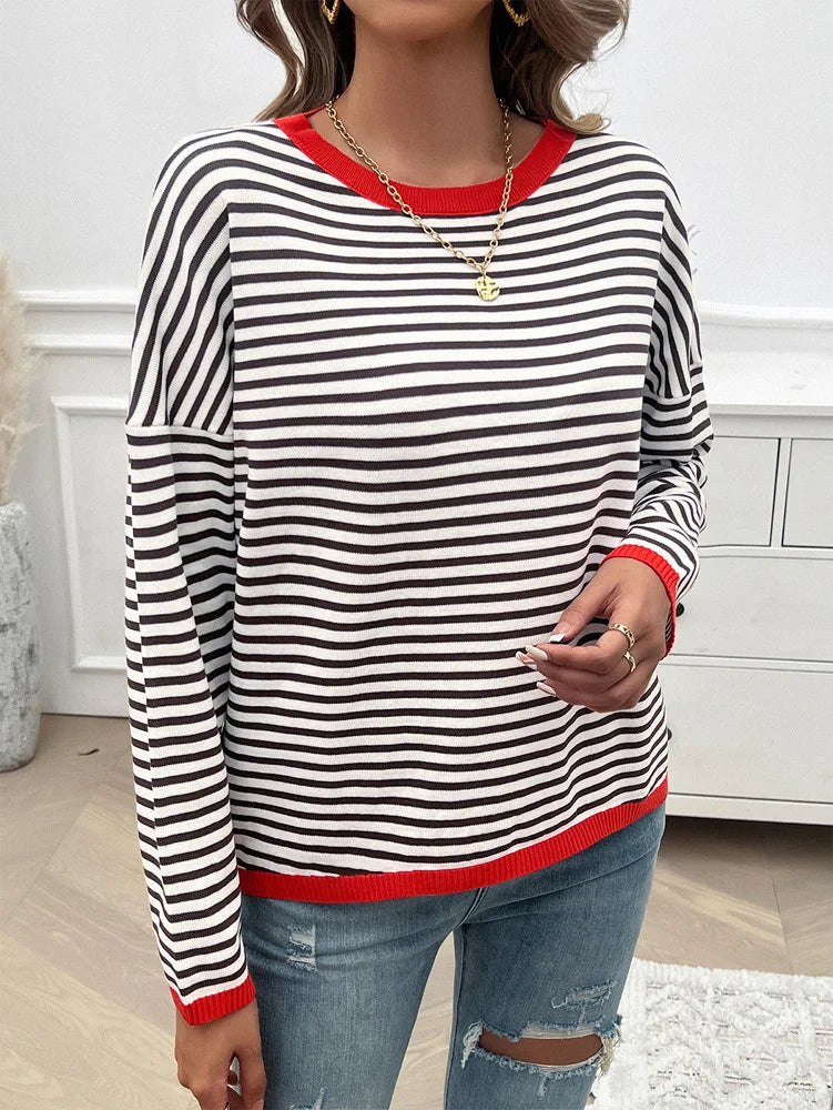 Sweaters- Cozy Striped Knit Women's Loose Drop Shoulder Sweater- Red- Pekosa Women Fashion