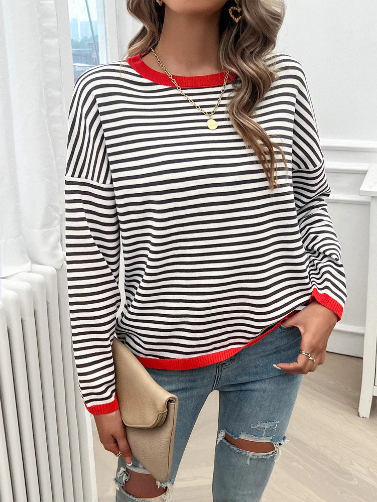 Sweaters- Cozy Striped Knit Women's Loose Drop Shoulder Sweater- - Pekosa Women Fashion