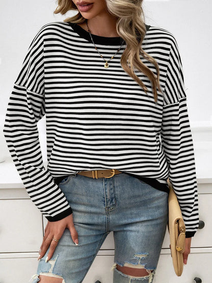 Sweaters- Cozy Striped Knit Women's Loose Drop Shoulder Sweater- - Pekosa Women Fashion