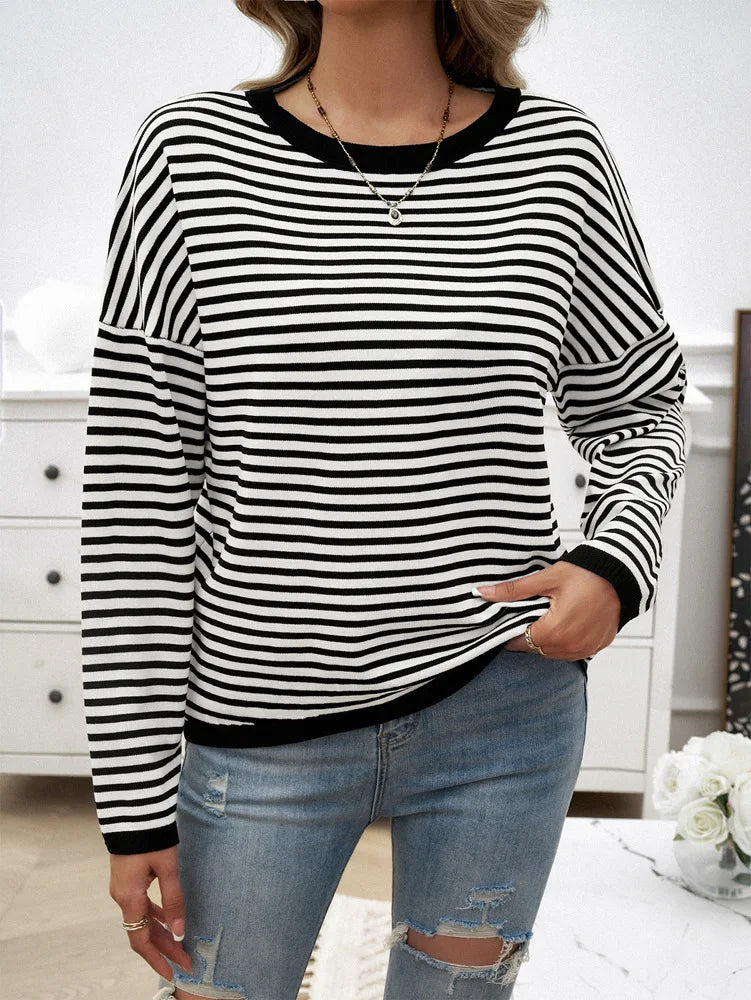 Sweaters- Cozy Striped Knit Women's Loose Drop Shoulder Sweater- Black- Pekosa Women Fashion