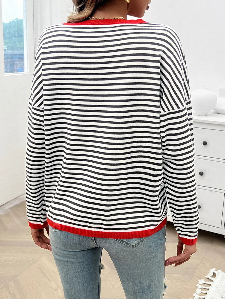 Sweaters- Cozy Striped Knit Women's Loose Drop Shoulder Sweater- - Pekosa Women Fashion