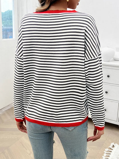 Sweaters- Cozy Striped Knit Women's Loose Drop Shoulder Sweater- - Pekosa Women Fashion