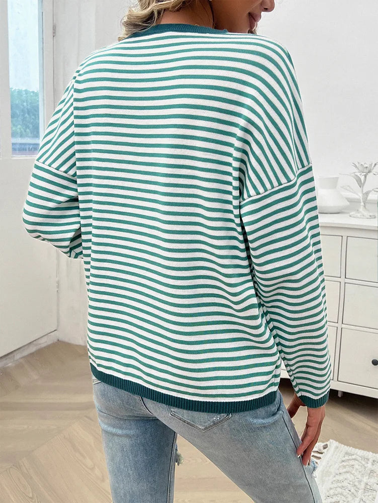 Sweaters- Cozy Striped Knit Women's Loose Drop Shoulder Sweater- - Pekosa Women Fashion