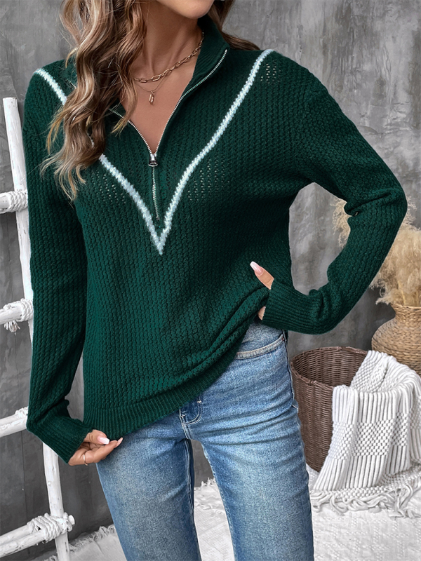 Sweaters- Deep Green Zip-Up Sweater Jumper for Women- - Pekosa Women Fashion