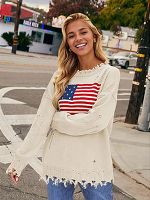 Sweaters- Women's Distressed American Flag Knit Sweater- - Pekosa Women Fashion