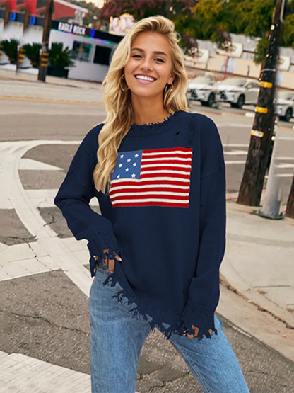 Sweaters- Women's Distressed American Flag Knit Sweater- Black- Pekosa Women Fashion
