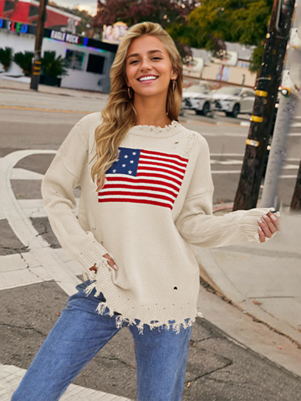 Sweaters- Women's Distressed American Flag Knit Sweater- - Pekosa Women Fashion