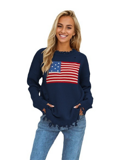 Sweaters- Women's Distressed American Flag Knit Sweater- - Pekosa Women Fashion