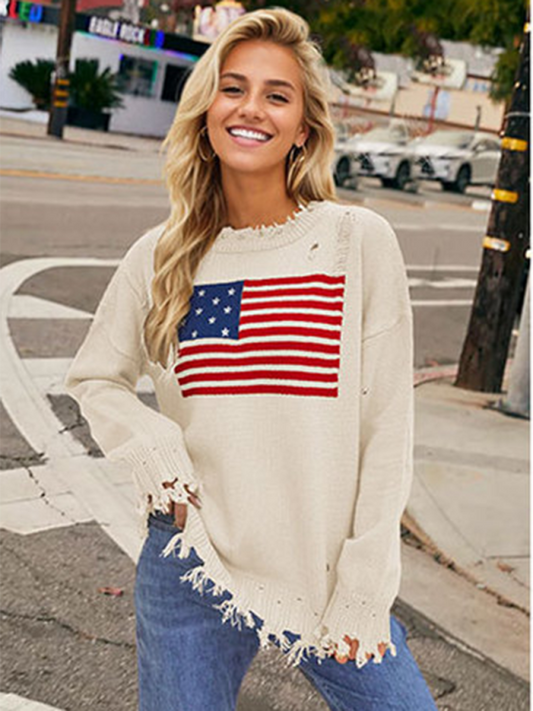 Sweaters- Women's Distressed American Flag Knit Sweater- White- Pekosa Women Fashion