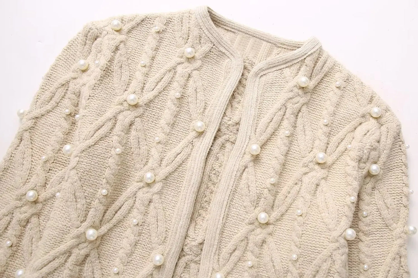 Sweaters- Elegant Pearl-Embellished Cable Knit Sweater- - Pekosa Women Fashion