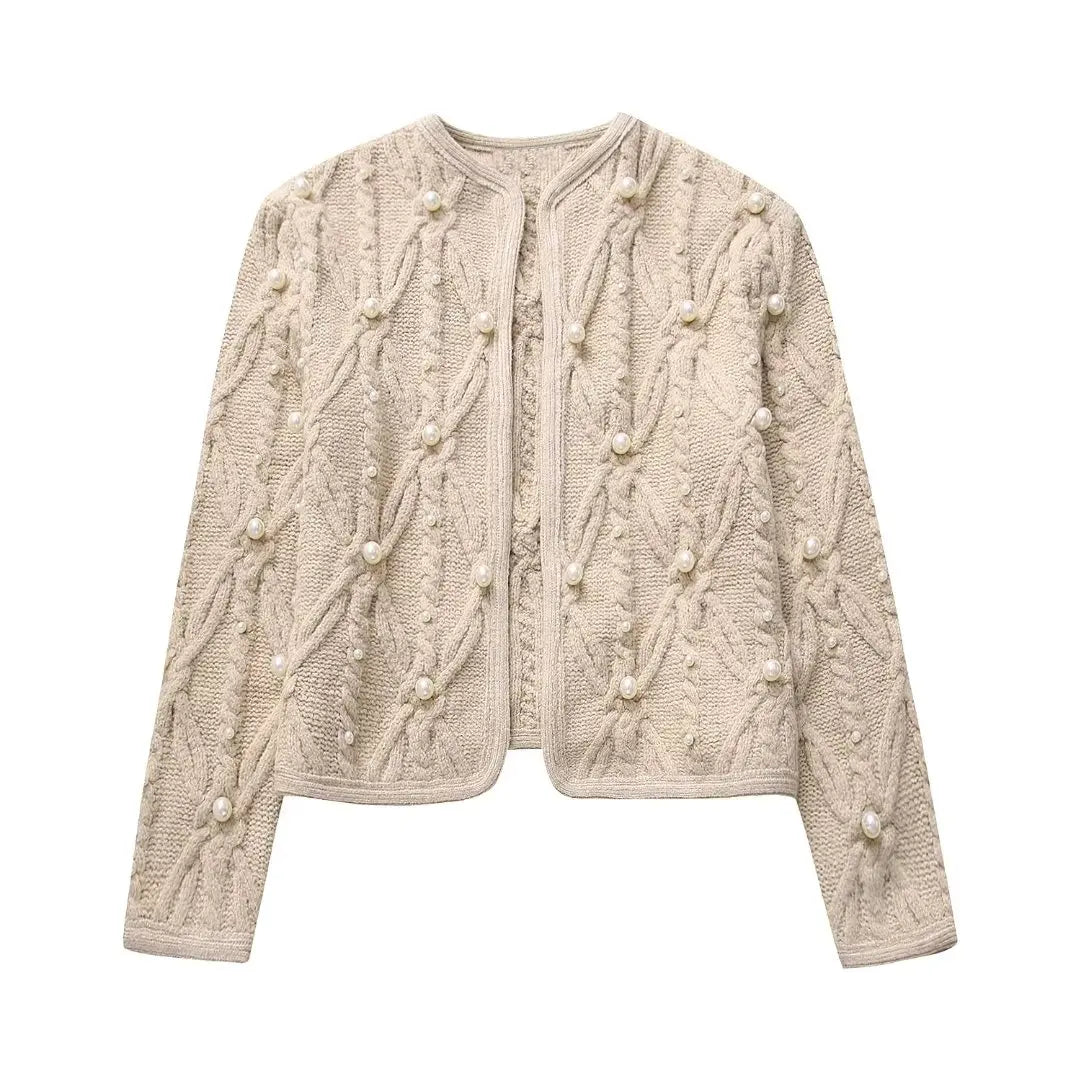 Sweaters- Elegant Pearl-Embellished Cable Knit Sweater- Khaki Pearl- Pekosa Women Fashion