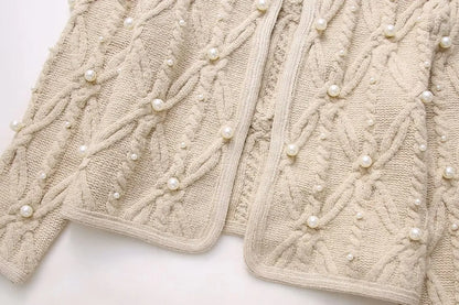 Sweaters- Elegant Pearl-Embellished Cable Knit Sweater- - Pekosa Women Fashion