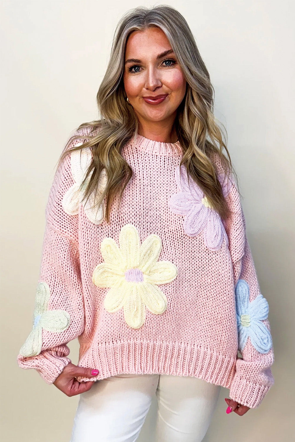 Sweaters - Embroidered Floral Crew Neck Sweater Knit Pullover