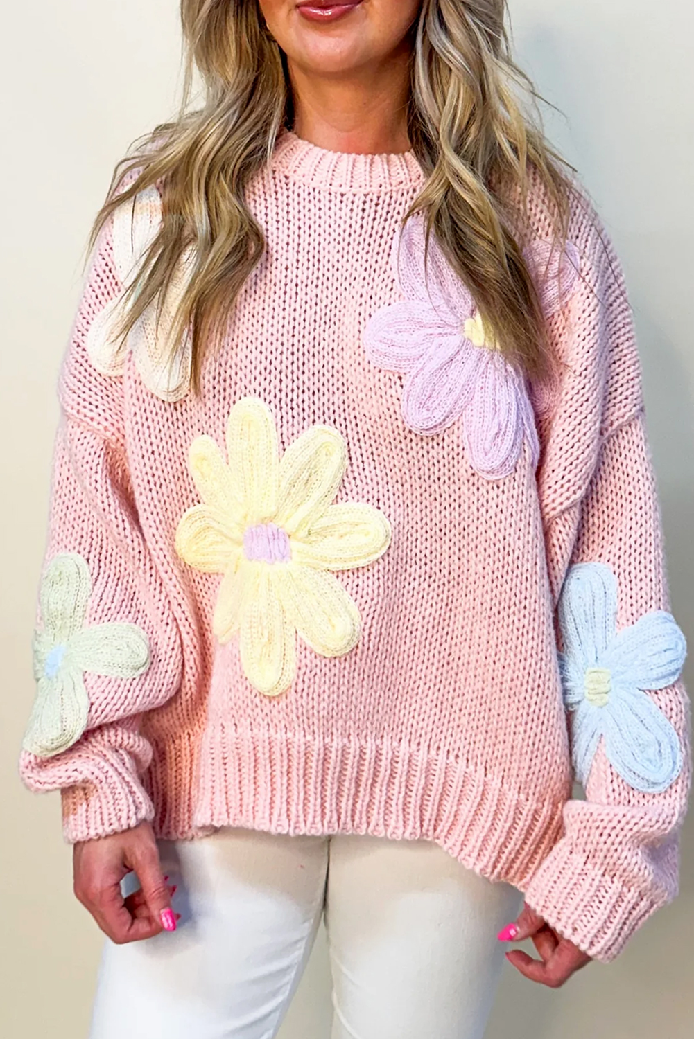 Sweaters - Embroidered Floral Crew Neck Sweater Knit Pullover