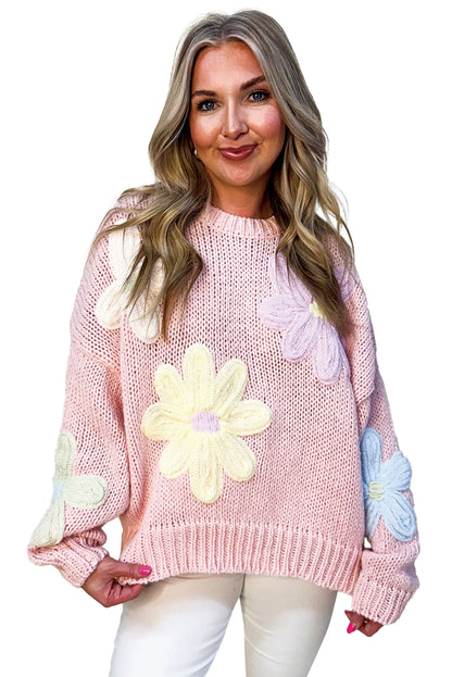 Sweaters - Embroidered Floral Crew Neck Sweater Knit Pullover