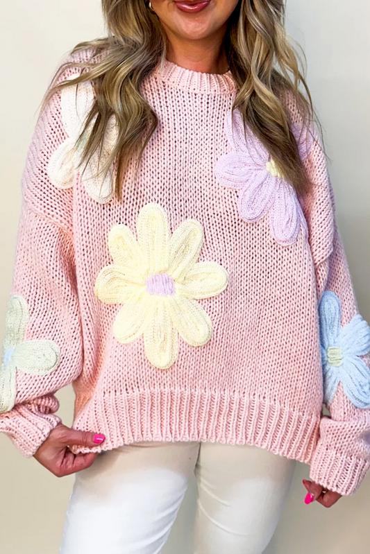 Sweaters - Embroidered Floral Crew Neck Sweater Knit Pullover