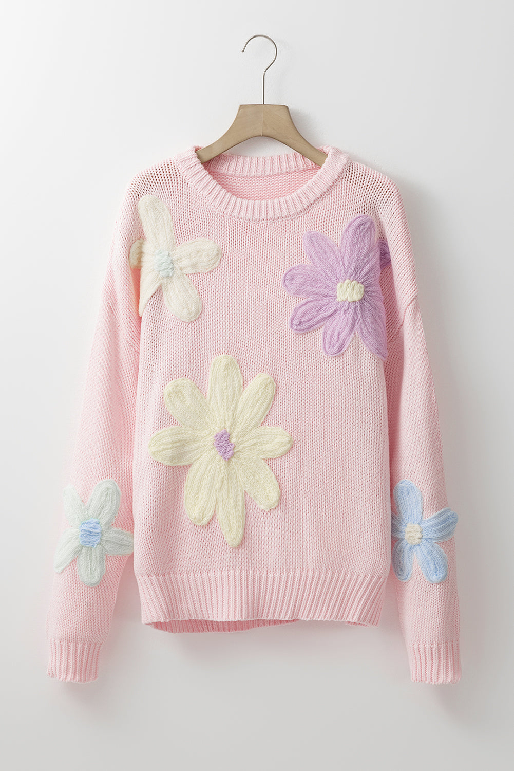 Sweaters - Embroidered Floral Crew Neck Sweater Knit Pullover