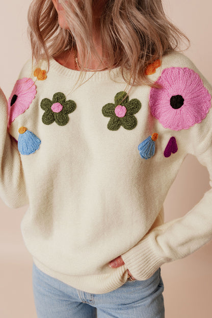 Sweaters - Embroidered Floral Knit Sweater