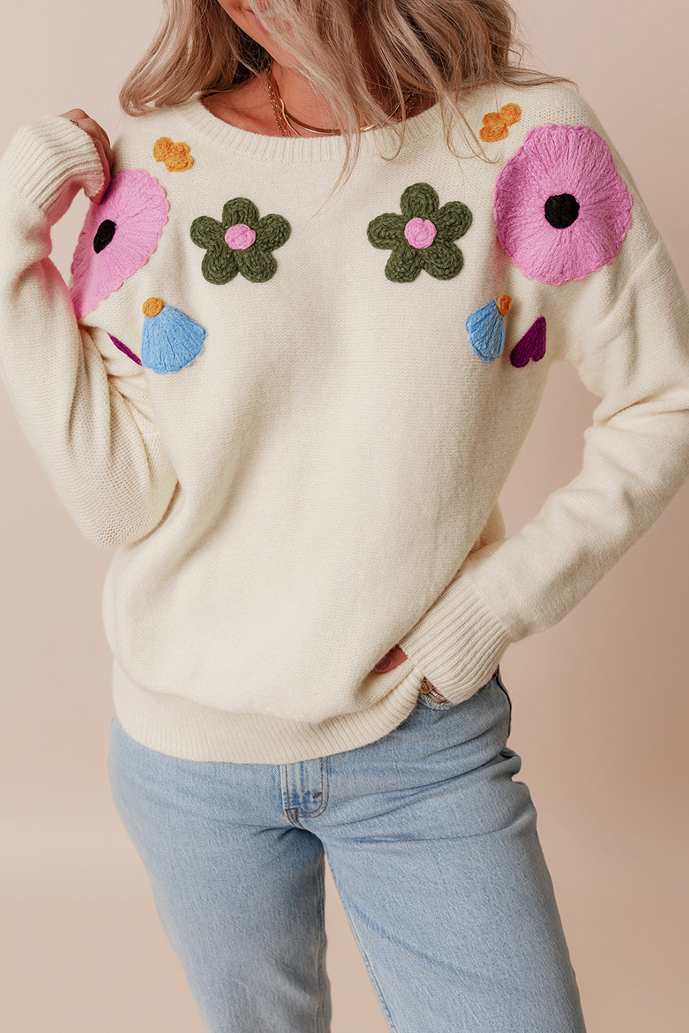 Sweaters - Embroidered Floral Knit Sweater