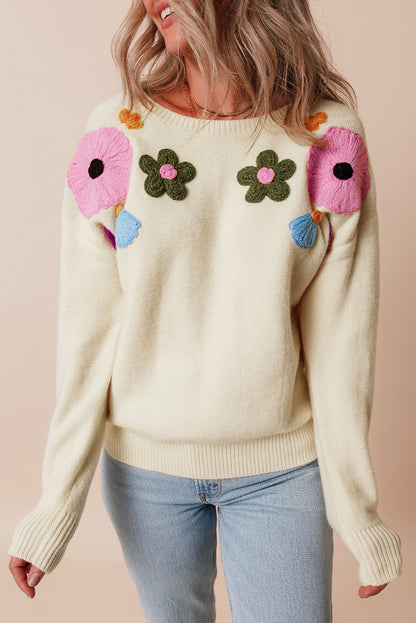 Sweaters - Embroidered Floral Knit Sweater