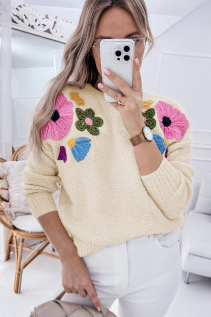 Sweaters - Embroidered Floral Knit Sweater