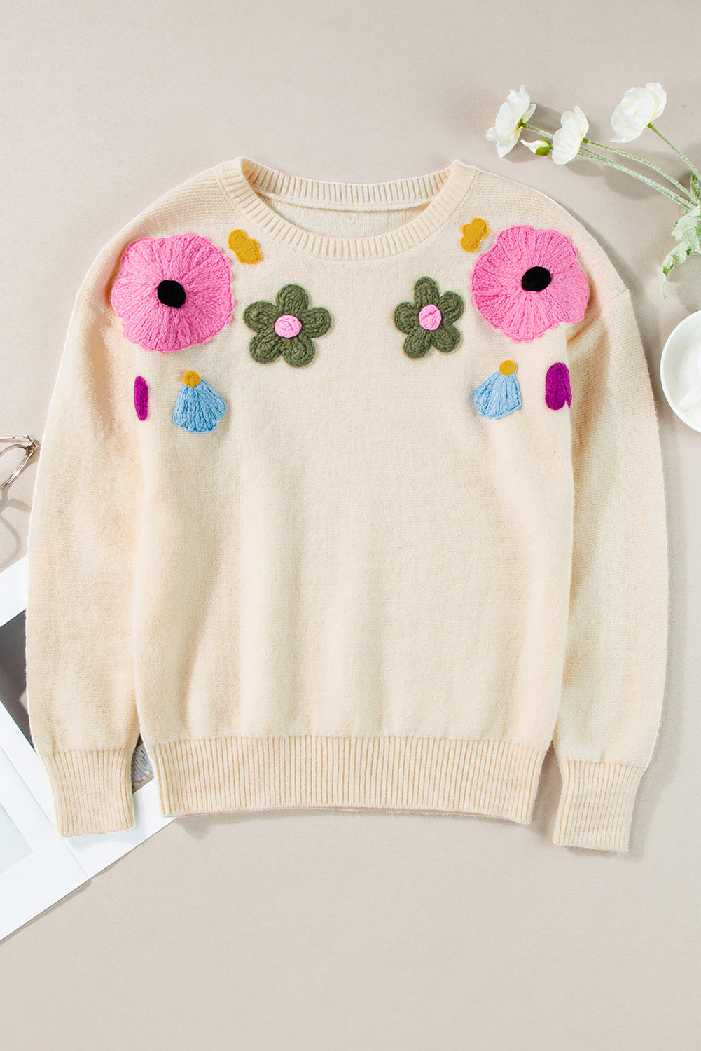 Sweaters - Embroidered Floral Knit Sweater